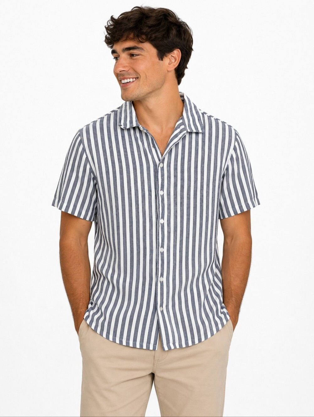 Kenneth Cole New York Blue & White Striped Short Sleeve Button-Up Shirt Men's